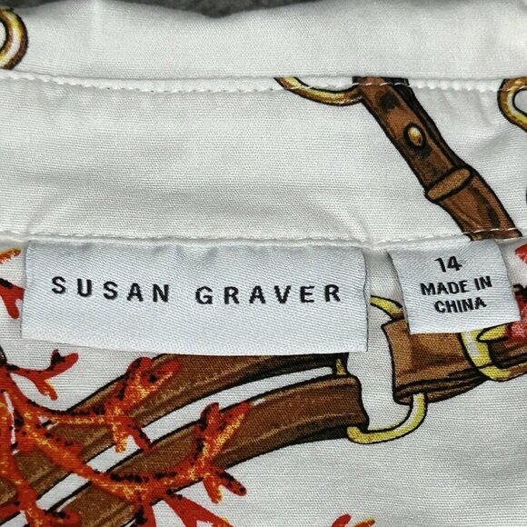 Susan Graver Top 14 Equestrian Chain Print Coastal Starfish Stretch Button Front - Picture 4 of 12